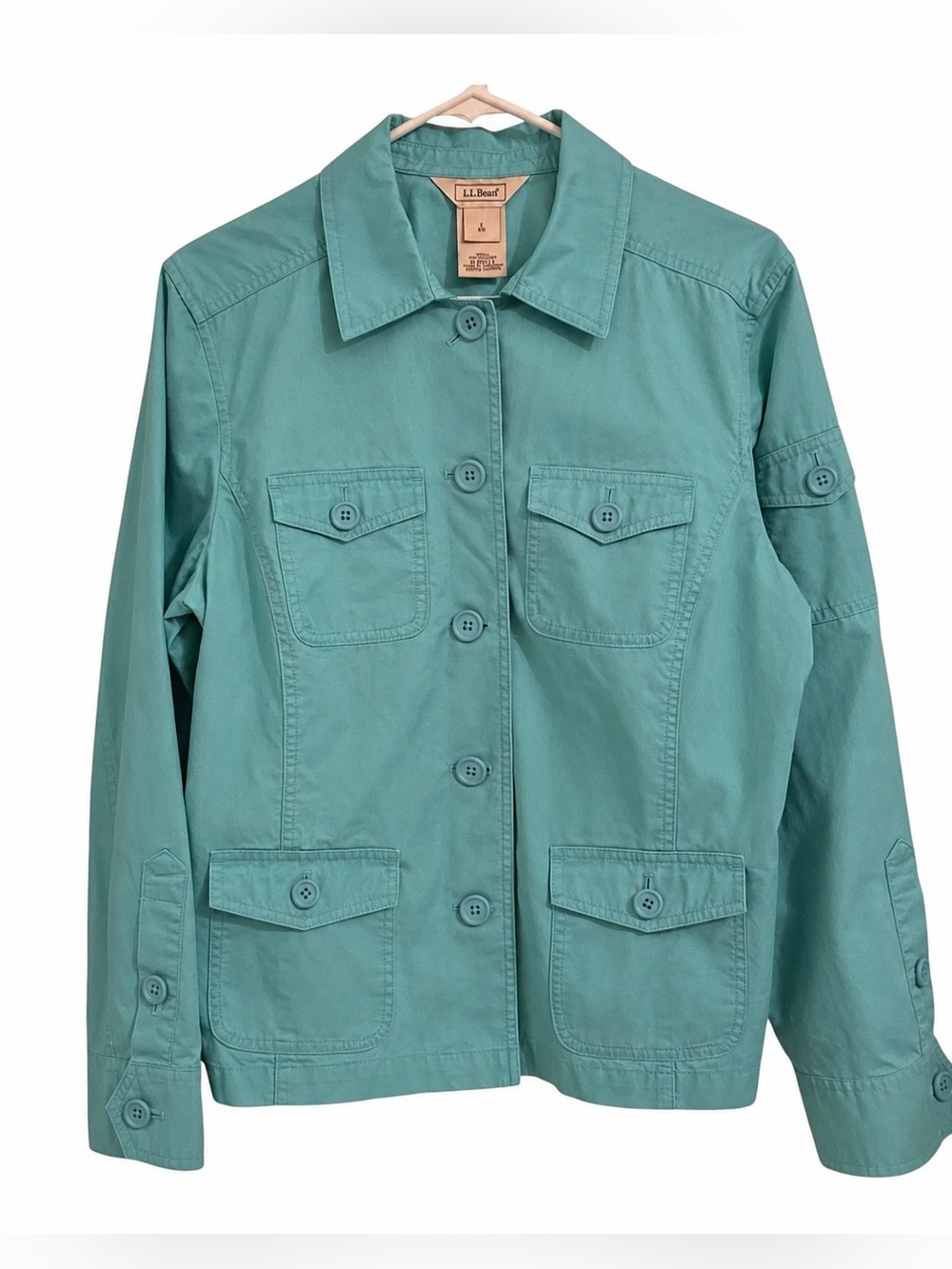 L.L.Bean Utility Jacket Womens Large Aqua 100% Cotton Safari Field Coat Pockets